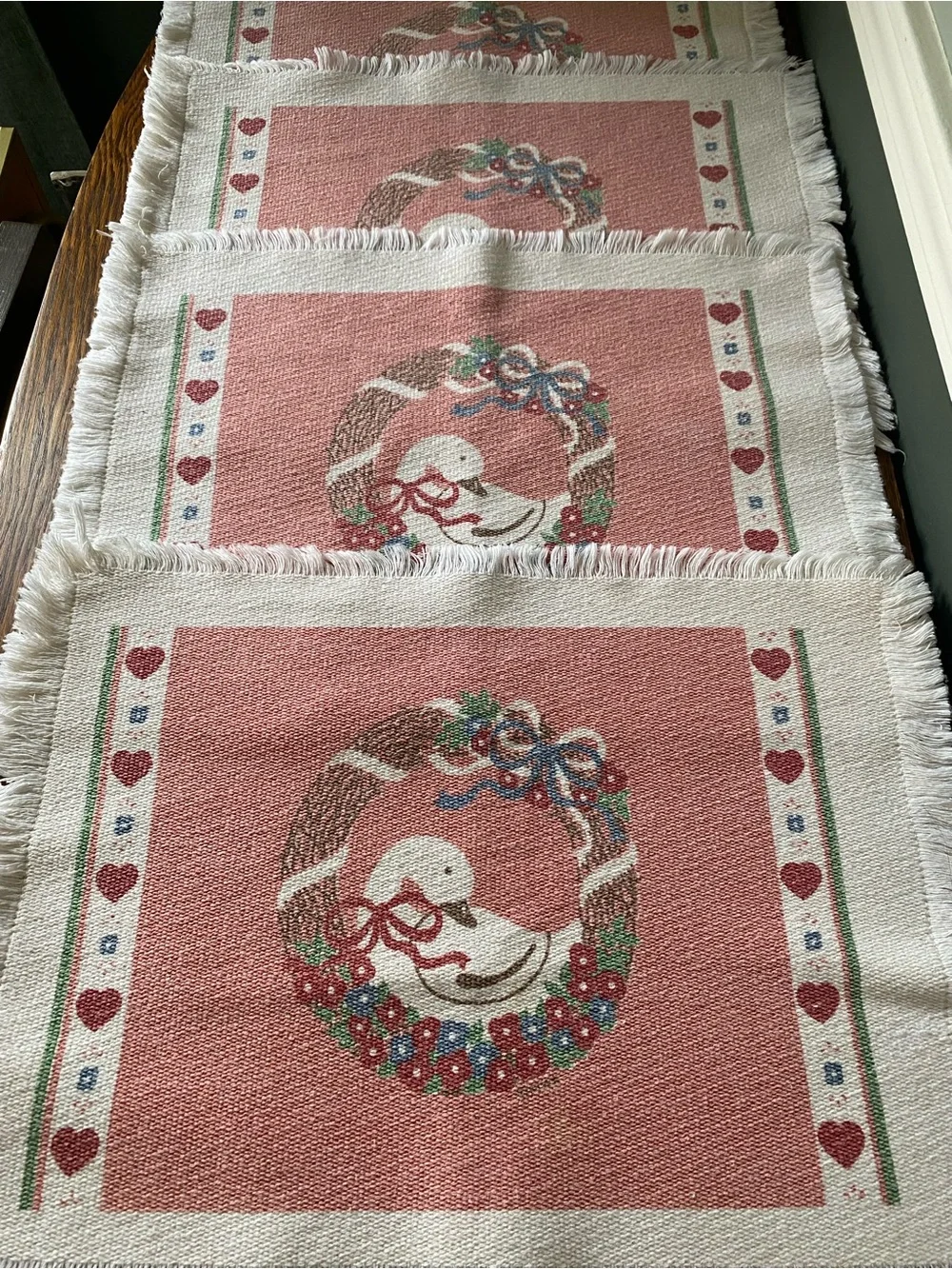 Vintage 80s 90s Country Goose And Hearts Woven Cotton Placemat Set of 4